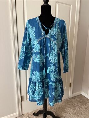 Wave-Print Mini Dress in Teal Blue,